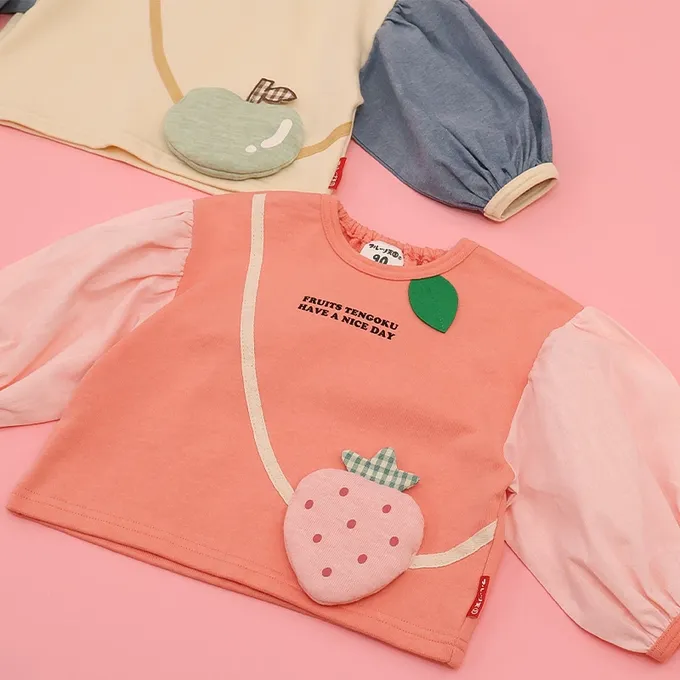 日本 ZOOLAND - 水果樂園 小包造型澎澎長袖上衣-草莓-粉紅