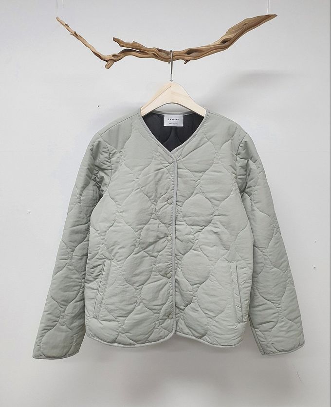 韓國 LANDING - 韓國製絎縫壓紋鋪棉圓領外套-黑 (FREE)