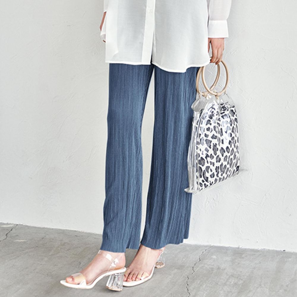 日本 GRL - 時尚楊柳細緻皺摺寬褲-深藍