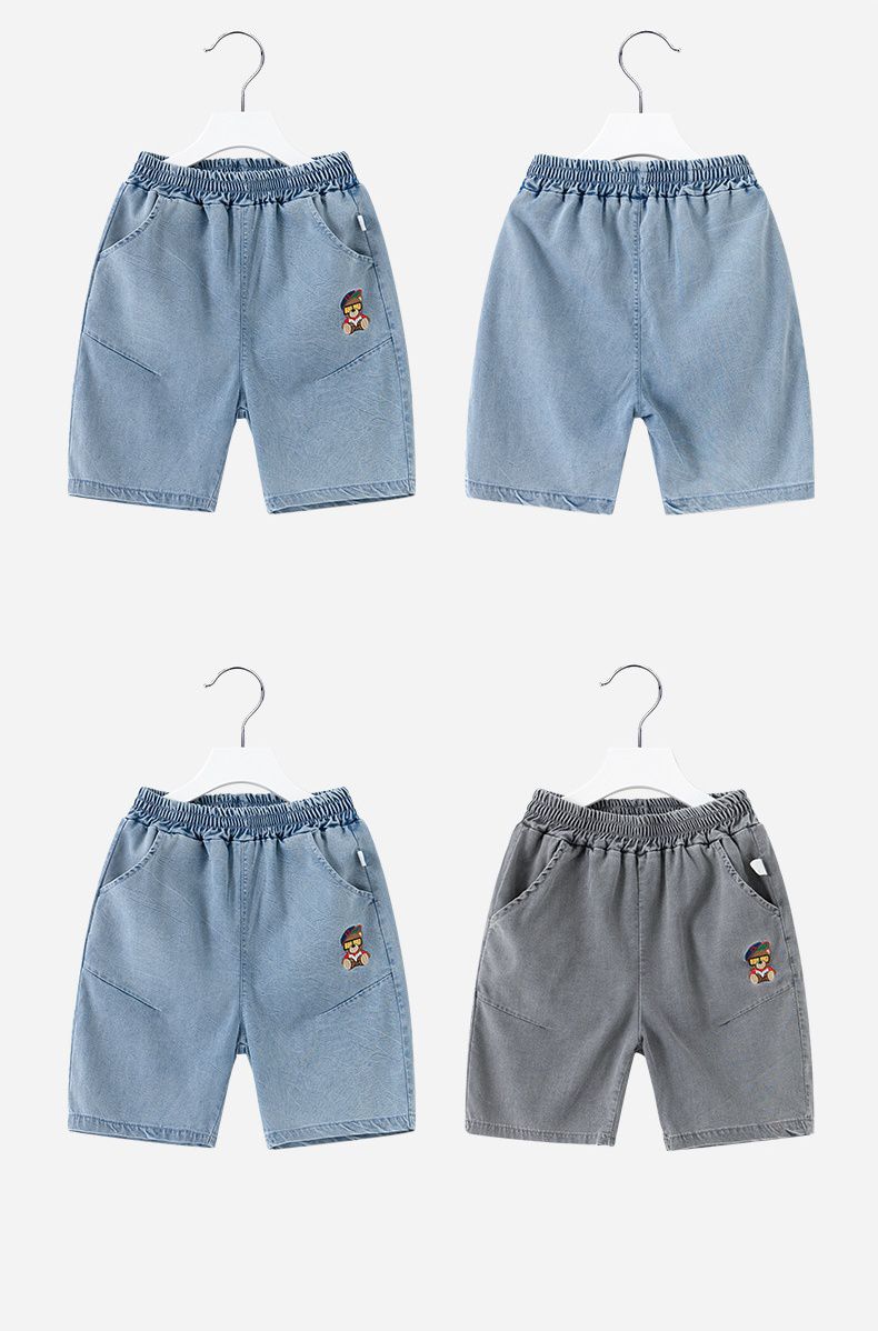 腰鬆緊牛仔休閒五分褲-墨鏡熊熊-淺藍色