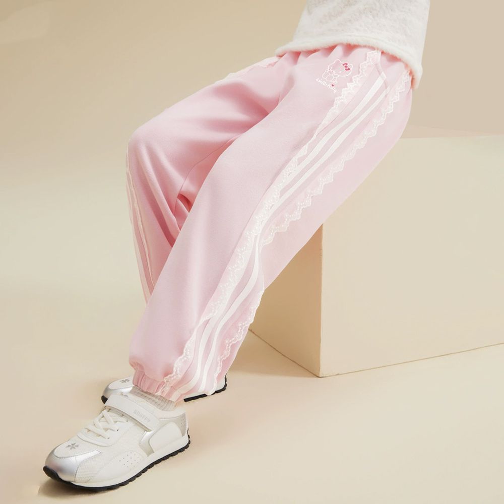 加絨撞色蕾絲花邊束口長褲-卡通人物Hello Kitty-粉色