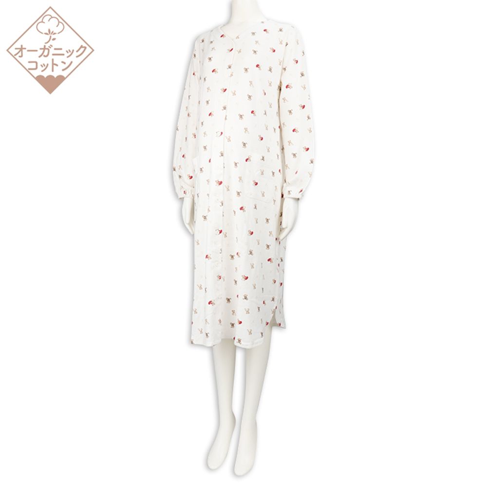 長袖有機棉洋裝-小熊-米白色 (M~L)