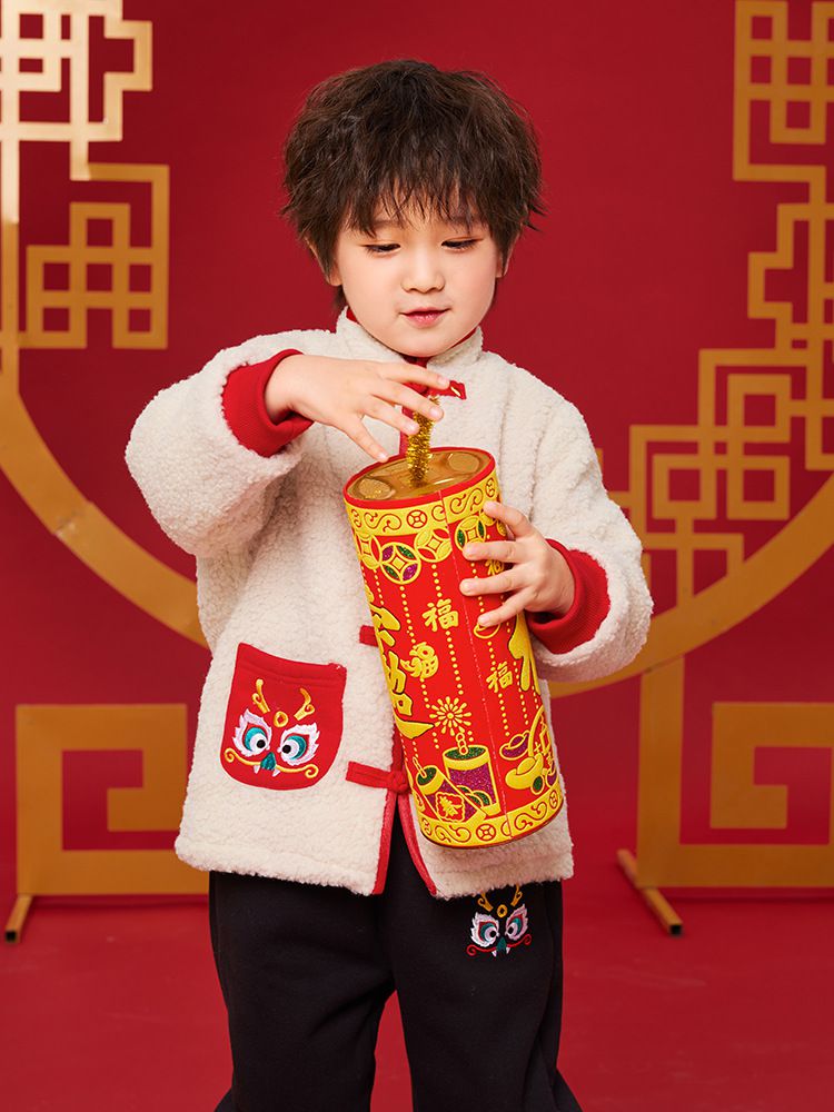 漢服風喜氣拜年立領盤釦外套-福氣龍口袋-米白色