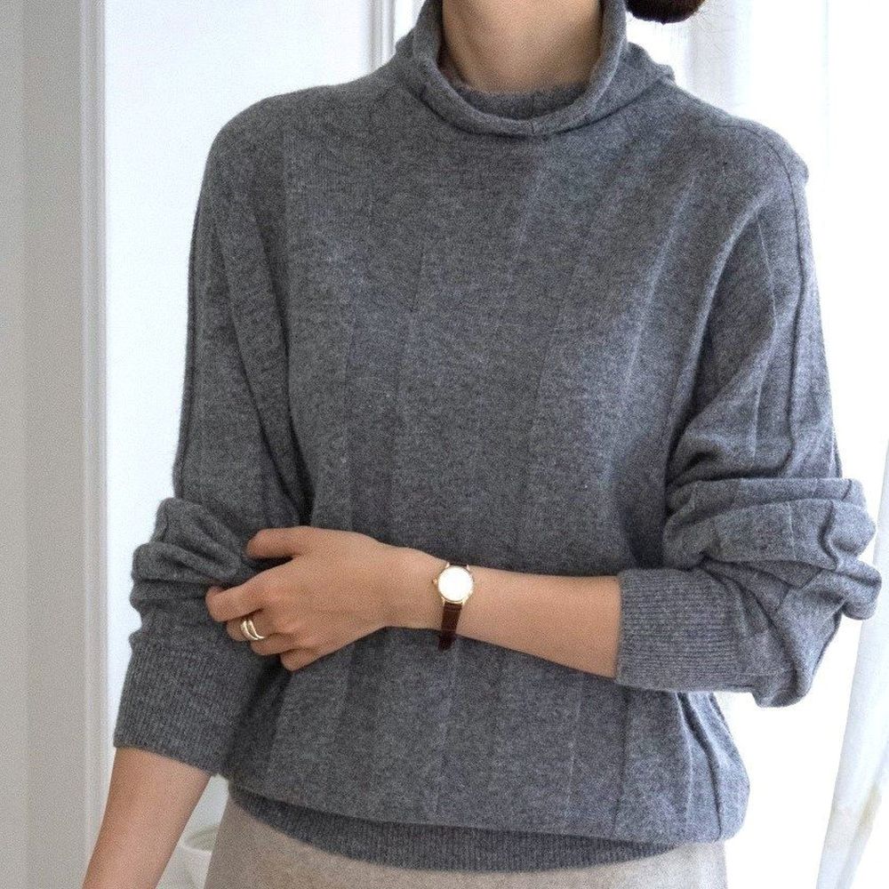 輕暖美麗諾羊毛坑條針織長袖高領上衣-灰 (FREE)