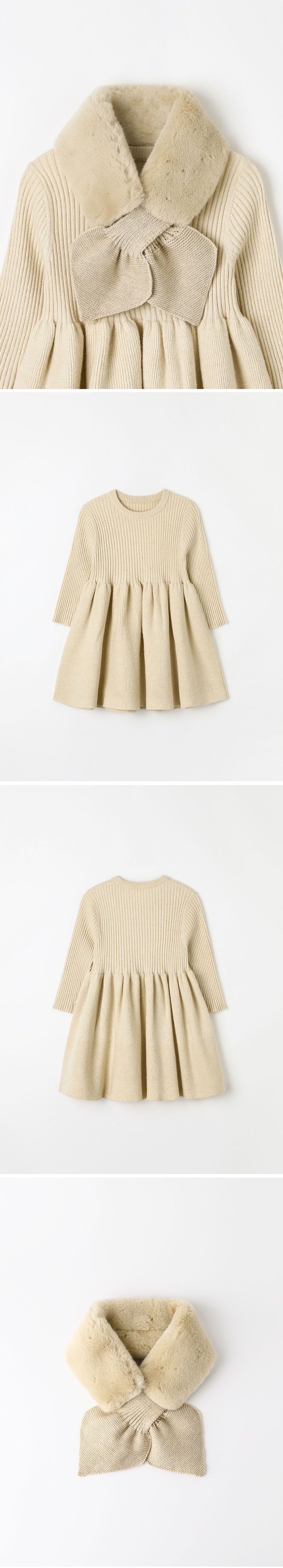 韓國 OZKIZ - (附圍巾)針織連身拼接洋裝-淺卡其