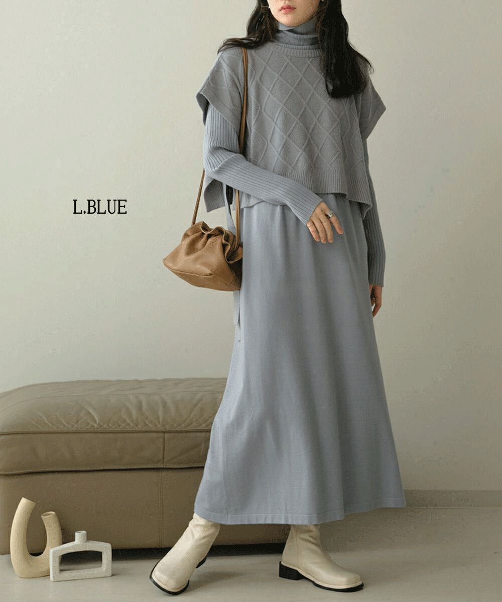 日本 Bou Jeloud - 同色系高領針織背心X長袖洋裝兩件組-米