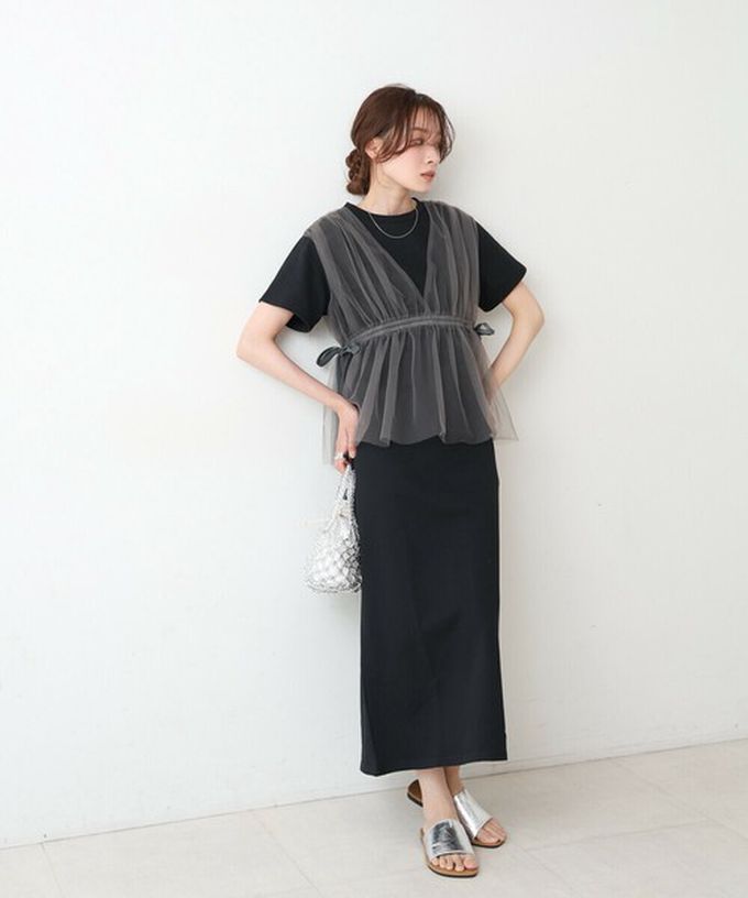 日本 Bab - 層次設計感薄紗拼接短袖洋裝-炭灰