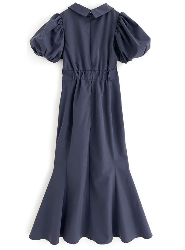 日本 GRL - 優雅翻領澎澎袖魚尾洋裝-淺米杏