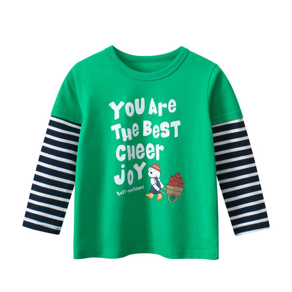 棉質假兩件長袖上衣-條紋拼袖蘋果狗狗-綠色