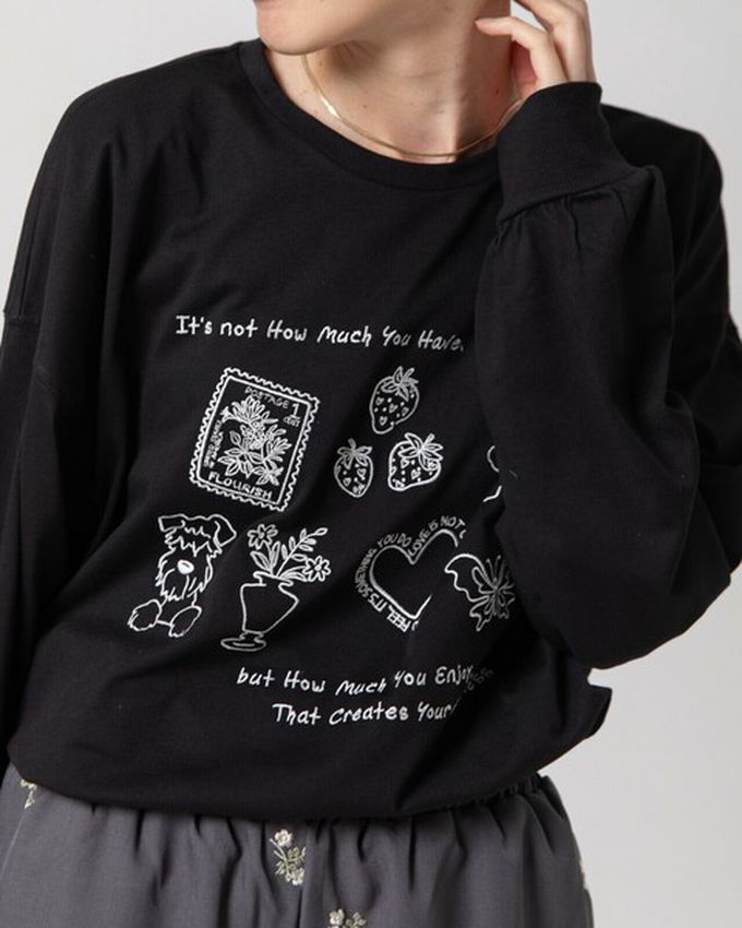 日本 gleam - 甜蜜刺繡印花休閒寬版長袖T恤-白