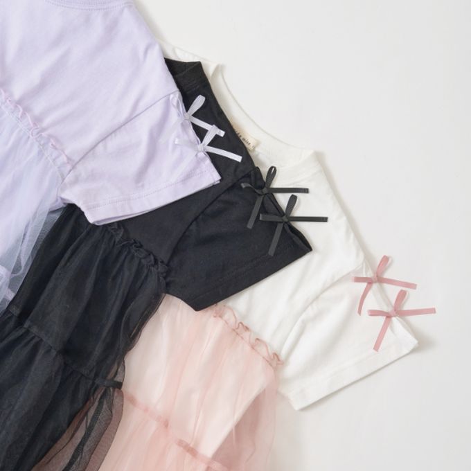 日本 Lycee mine - 接觸冷感 緞帶短袖蛋糕洋裝-白x粉紅