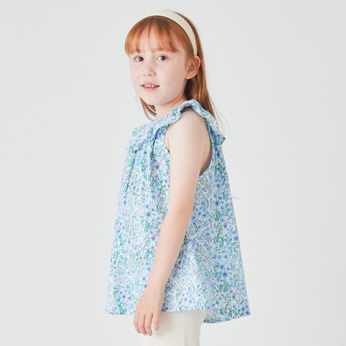 日本 evercloset - 滿版花荷葉領無袖上衣-黃系