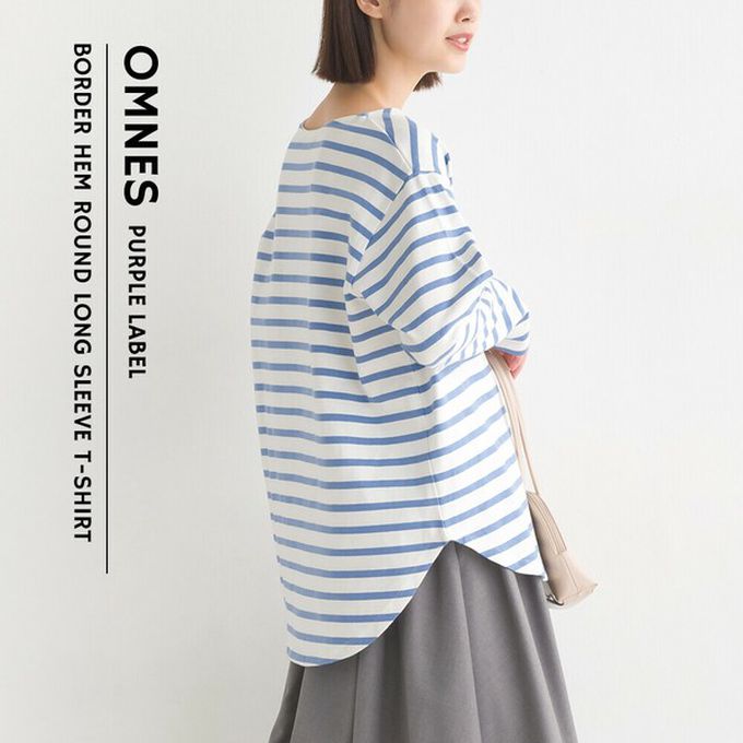 日本 OMNES - 純棉厚磅定番條紋長袖上衣-海軍藍x粉米