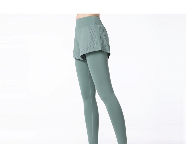 大碼高腰假兩件防走光瑜珈褲-黑色