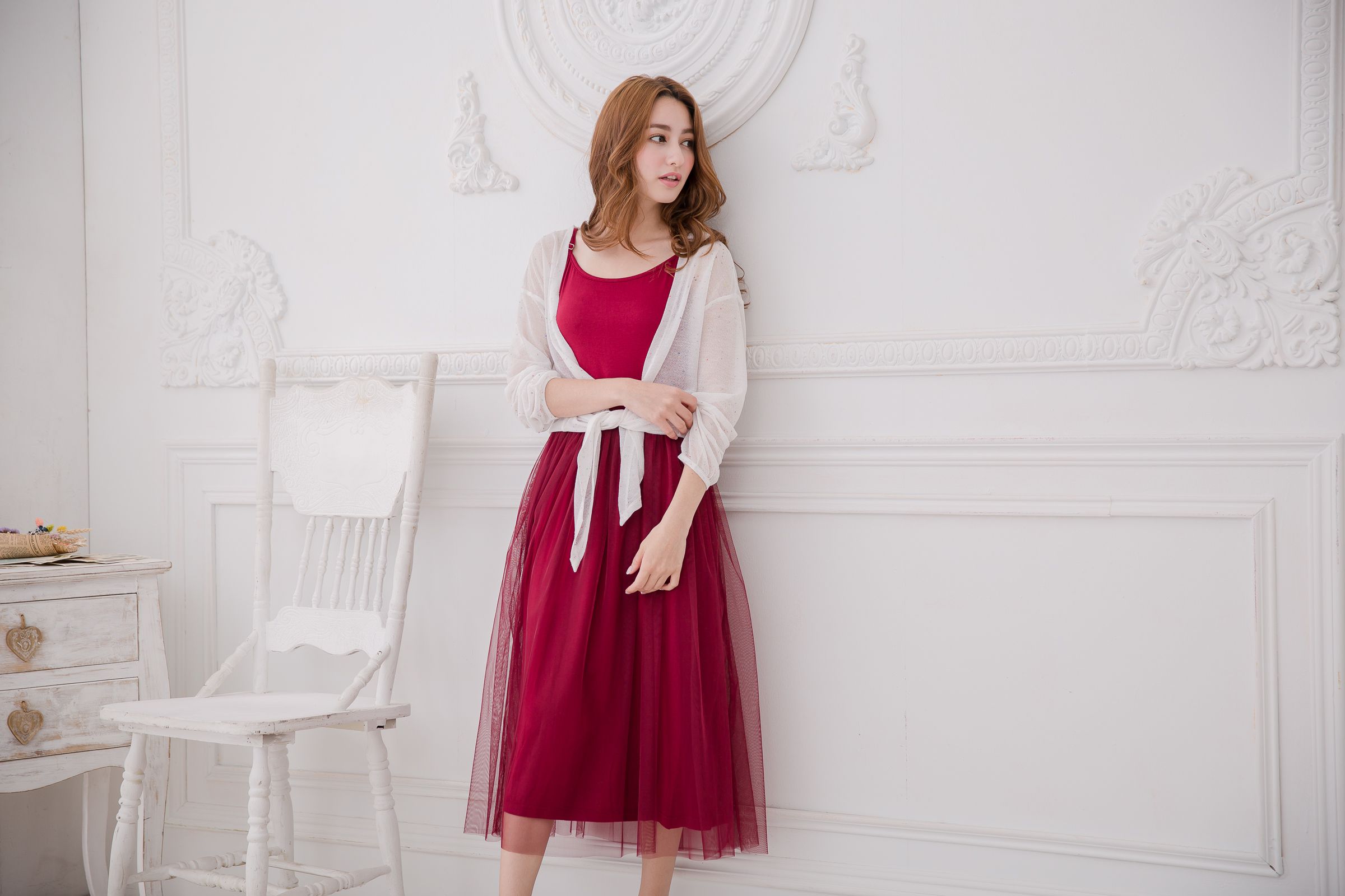 Peachy - 獨家訂製綿柔連身紗裙-細肩帶連身款-性感酒紅 (F)