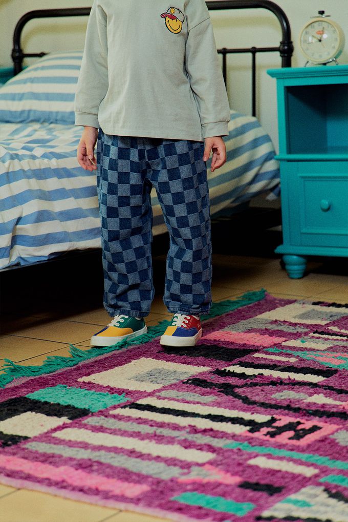 韓國 First Blue - 鬆緊腰棋盤格紋丹寧長褲