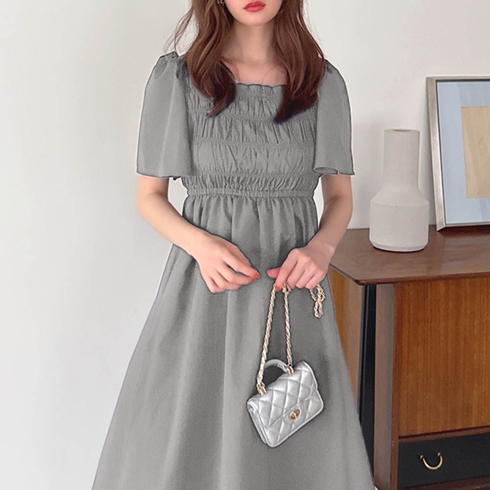 背綁帶浪漫皺摺荷葉短袖洋裝-灰 (F)