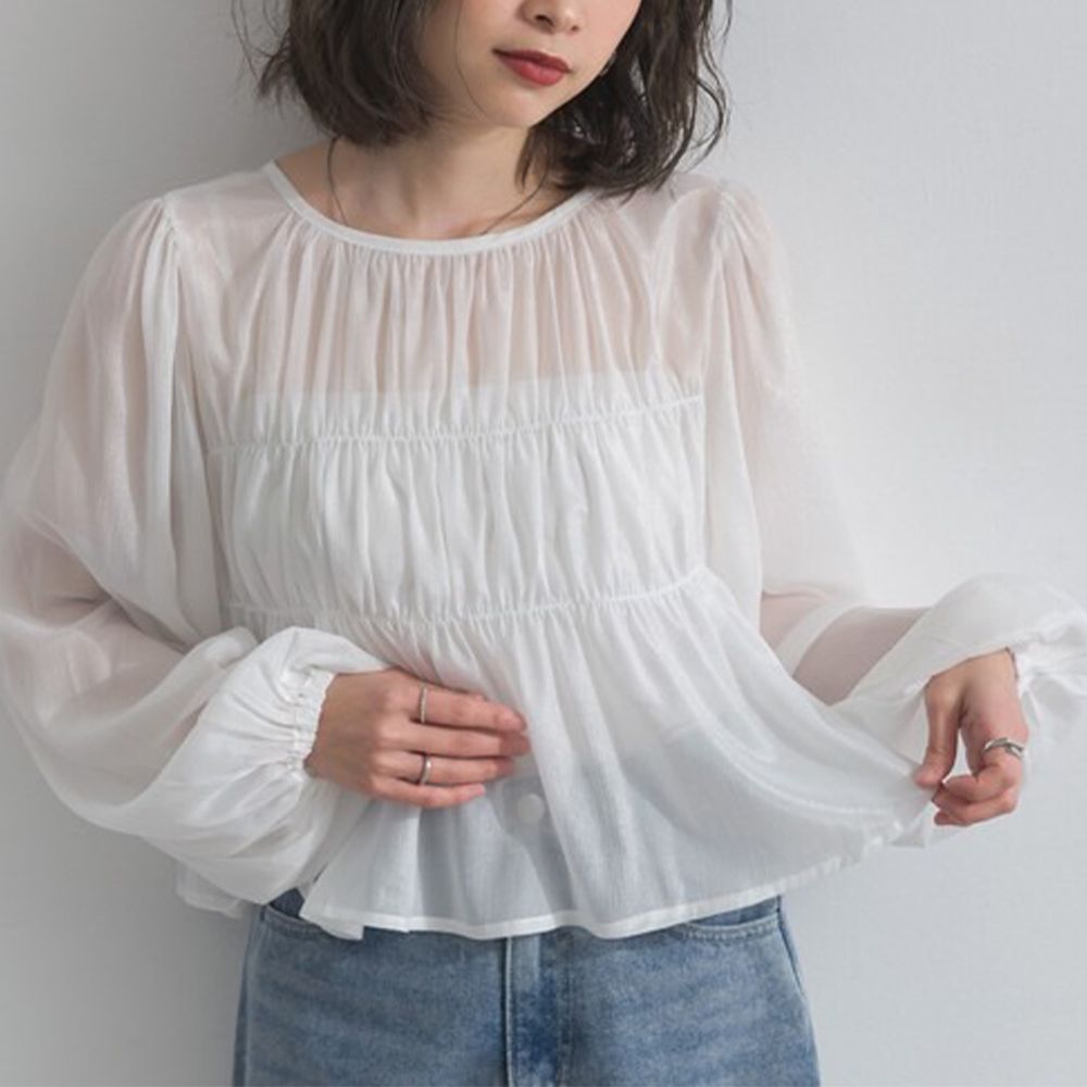 前後2way高雅光澤楊柳紗長袖上衣-白