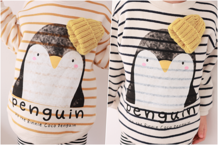 韓國 Coco rabbit - 針織帽企鵝印條紋長袖上衣-芥黃