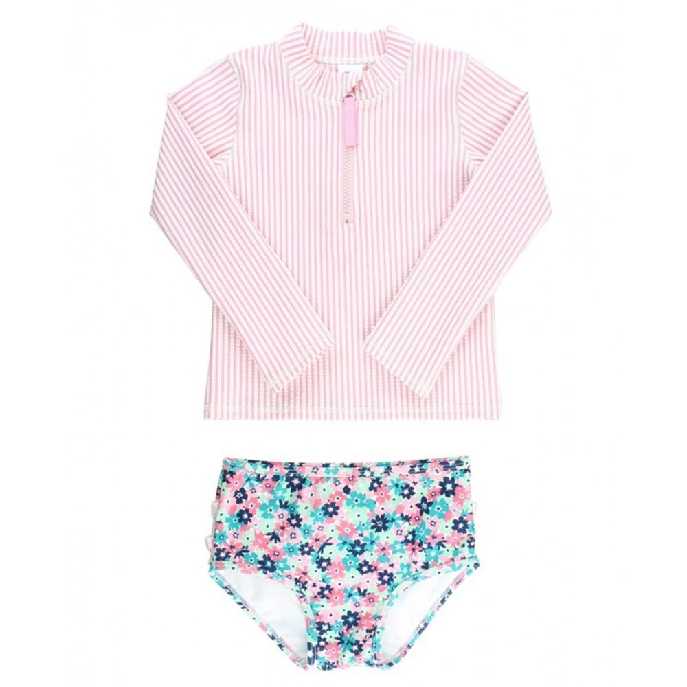 美國 RuffleButts - 小女童UPF 50+防曬兩件式長袖泳裝-粉色萬花筒