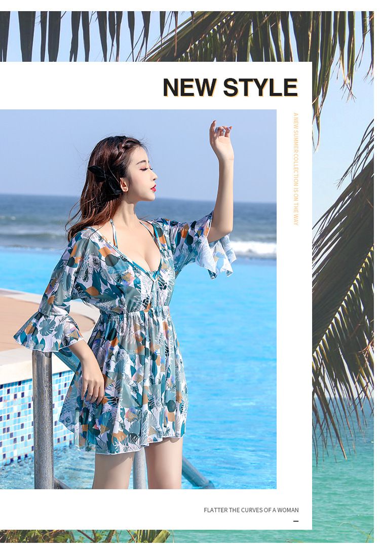 修身顯瘦遮肉連身裙泳衣(三件組)-滿滿樹葉-綠+白