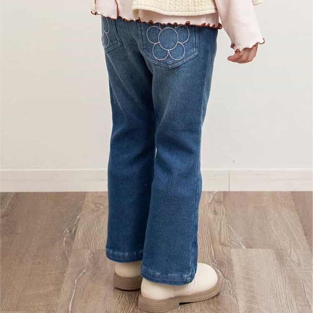 花朵口袋內刷毛美型小喇叭長褲-丹寧藍