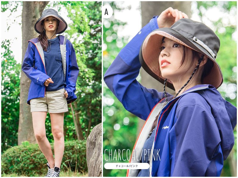 日本 irodori - 抗UV可捲收防潑水遮陽帽(附防風帽帶)-大人款-黑x橘內裏