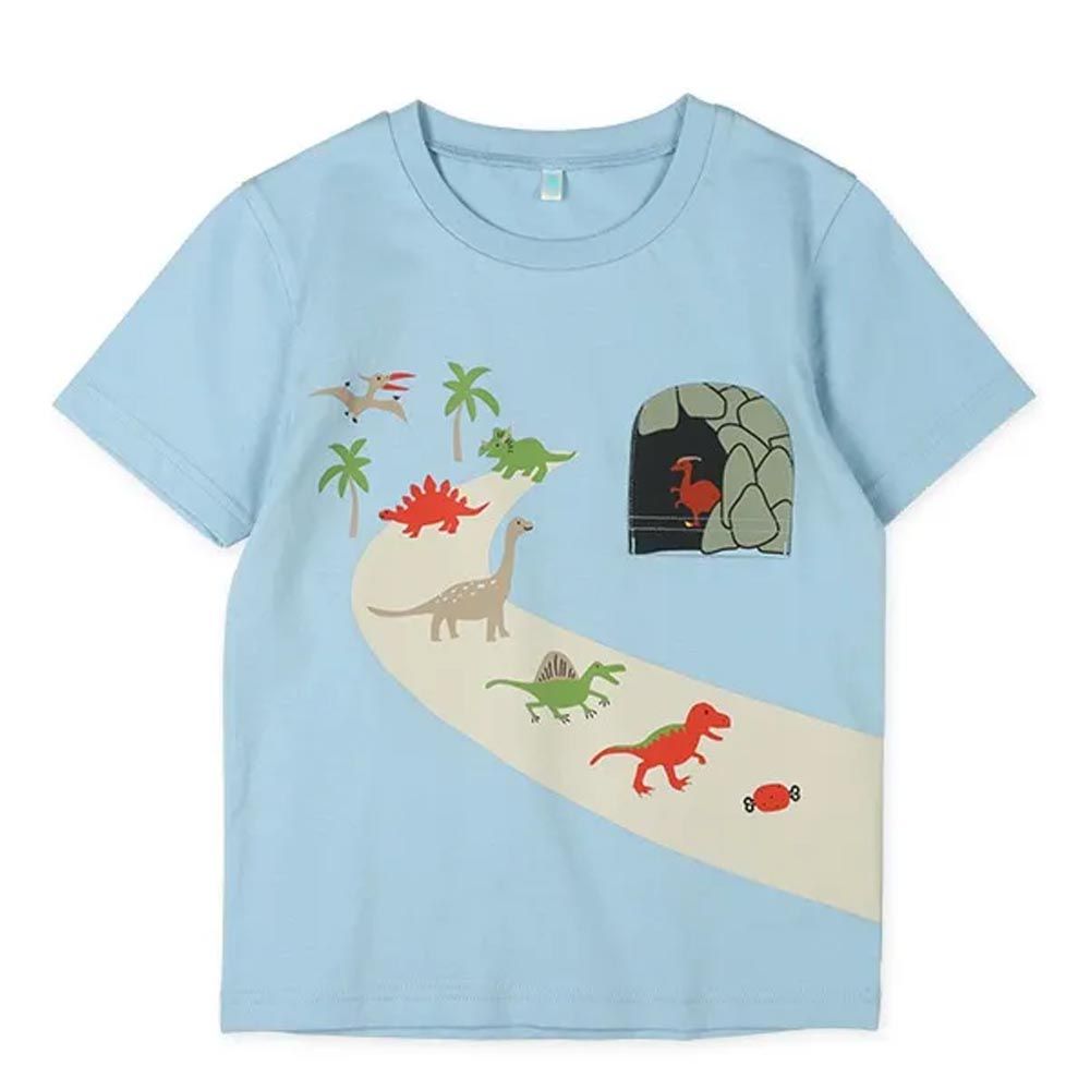 日本西松屋 - 俏皮恐龍洞穴短袖上衣-水藍
