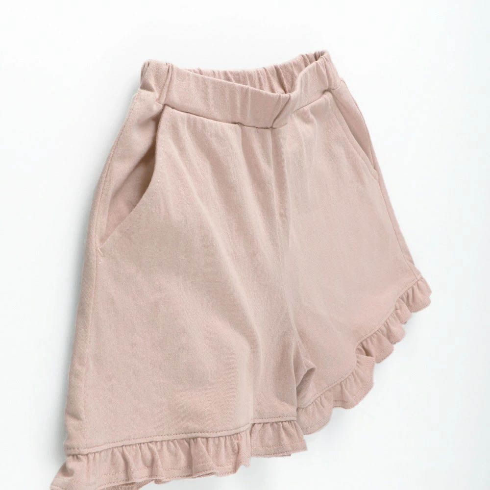 純棉荷葉邊女孩印花短褲-素面-粉紅