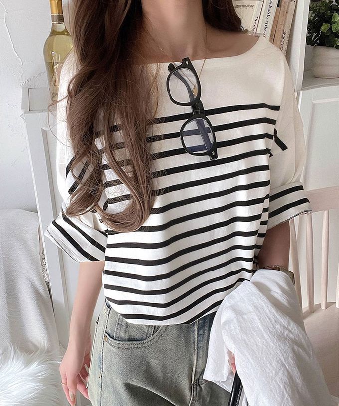 日本 Classical Elf - 混有機棉休閒條紋五分袖上衣-白x黑