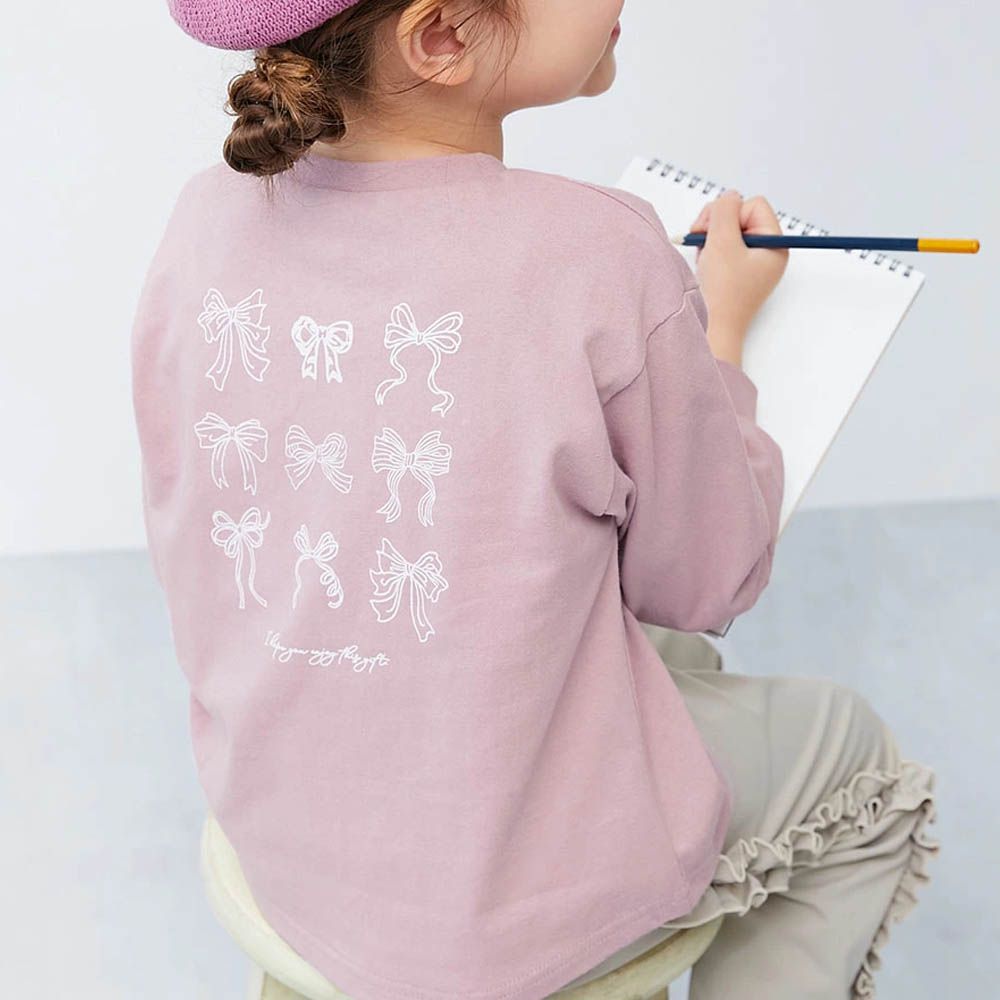 100%棉 定番女孩印花長袖上衣-蝴蝶結-灰粉