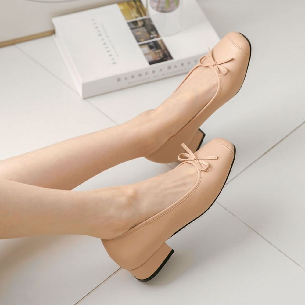 可愛蝴蝶結方頭矮跟鞋(3cm)-杏