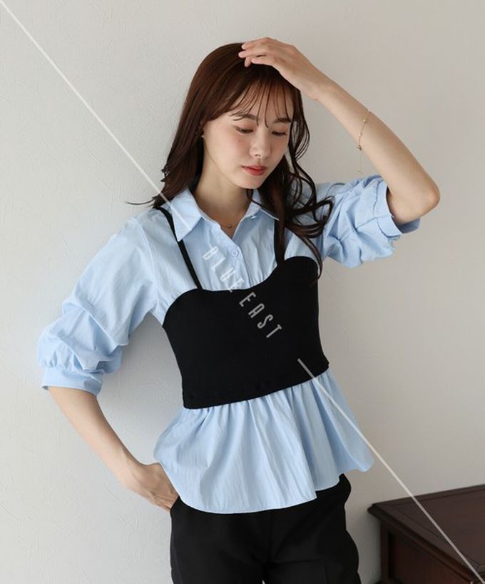 日本 BLUE EAST - 假二件俐落時尚疊穿五分袖上衣-黑x白