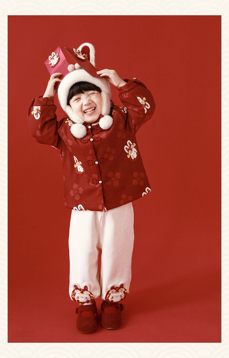 TONGMO - 加絨腰鬆緊休閒拜年長褲-兔子-米色