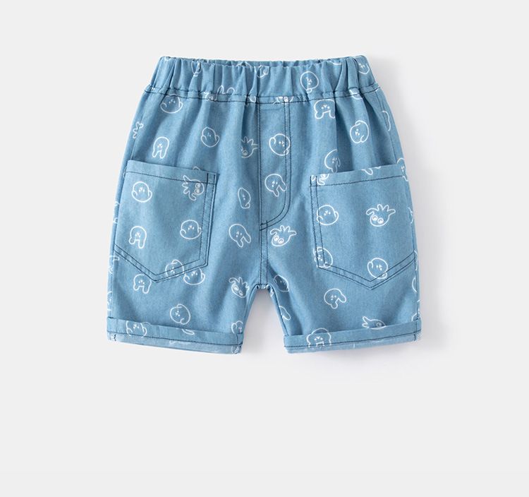 WELLKIDS - 腰鬆緊休閒牛仔五分褲-萌萌小動物-深藍色