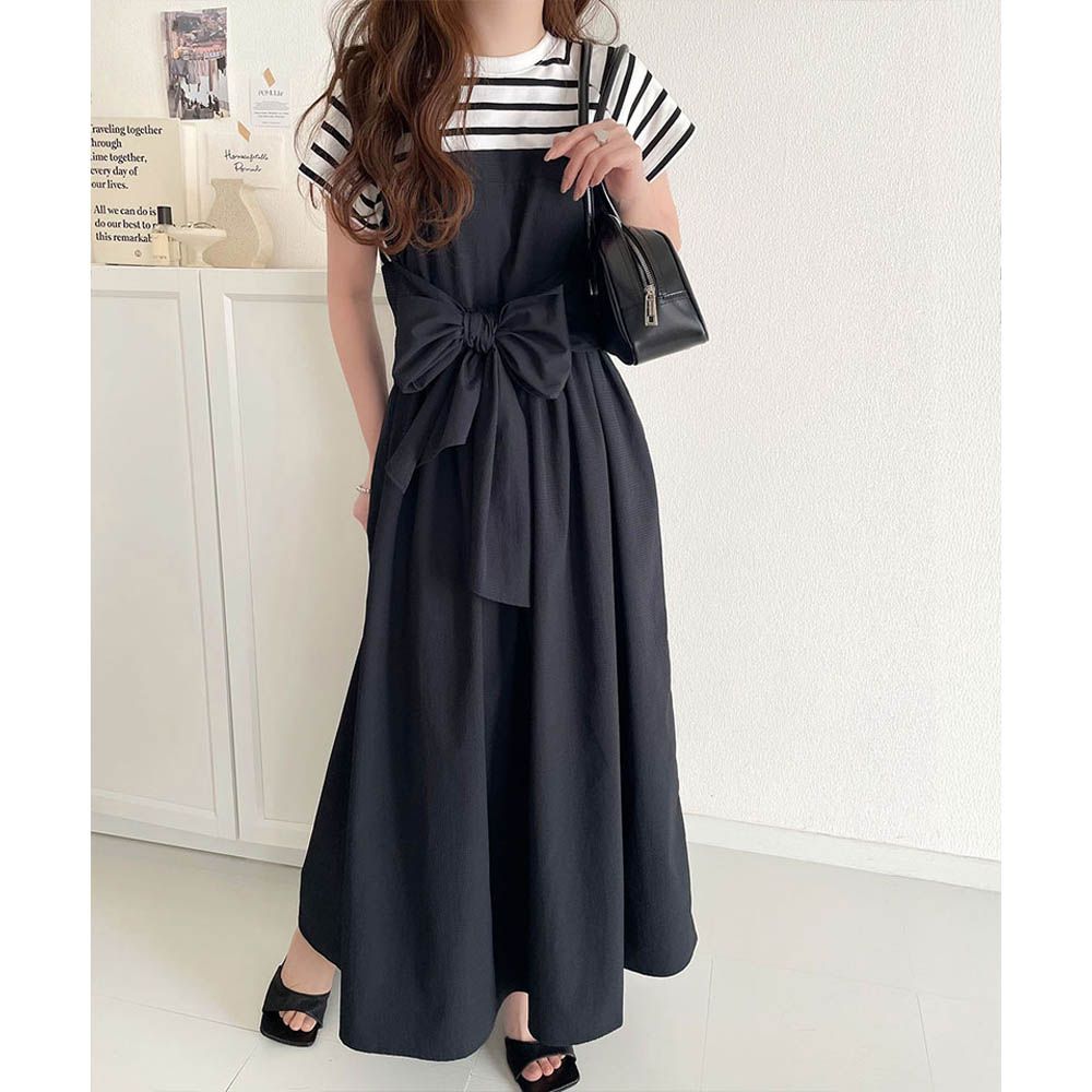 綁帶2way清爽拼接感短袖洋裝-條紋x黑