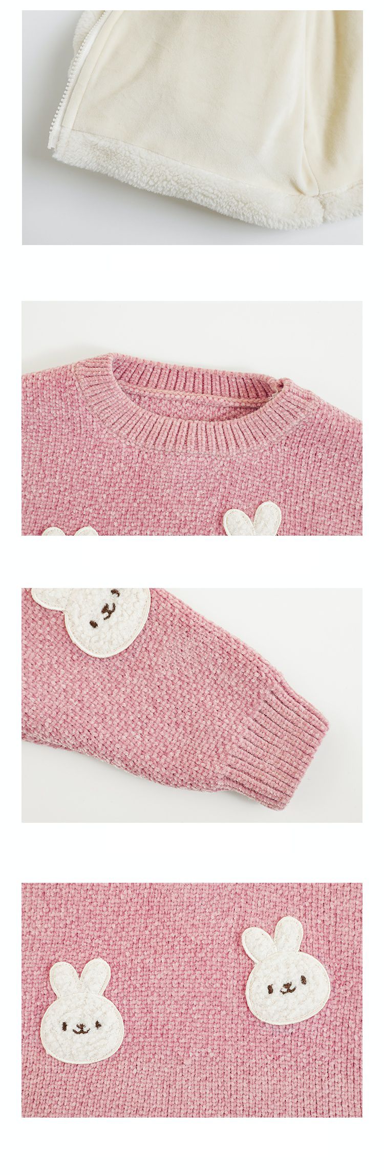 TONGMO - 雪尼爾針織圓領長袖毛衣-滿滿兔子-粉色