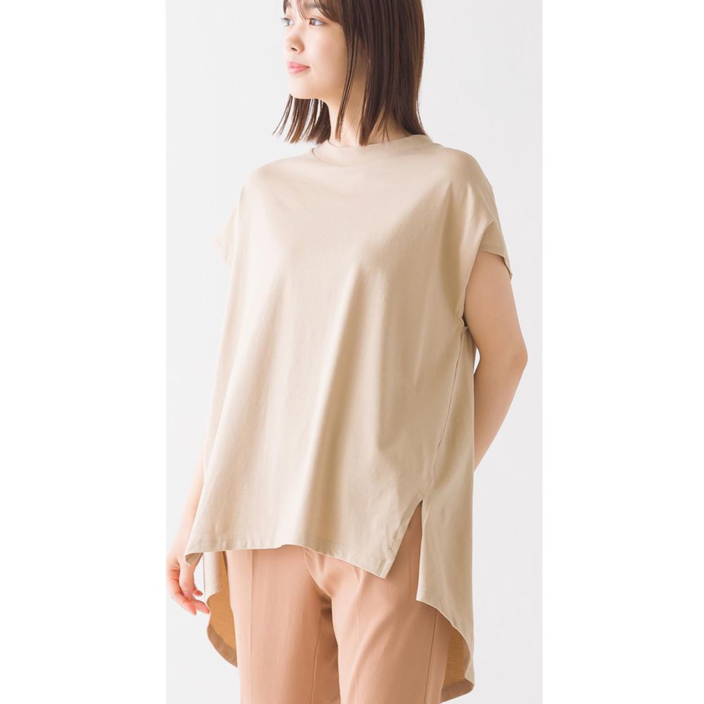 日本 OMNES - 舒適弧形後襬修飾短袖上衣-杏