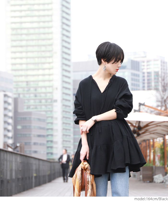 日本 COCA - 超寬鬆三層蛋糕前短後長長袖上衣-黑