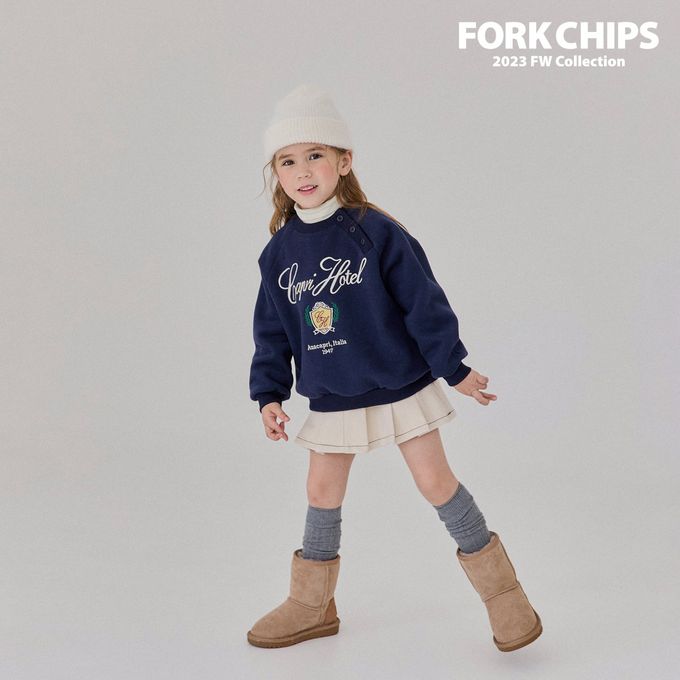 韓國 FORK CHIPS - (內磨毛)刺繡點綴圓領大學T-深藍