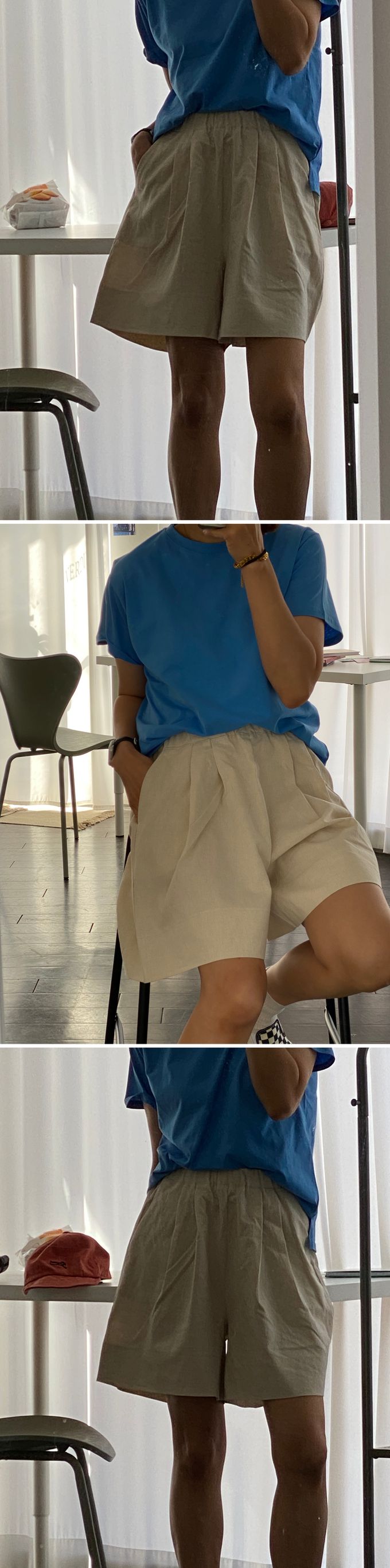 韓國女裝連線 - 鬆緊腰輕便棉麻短褲-橄欖綠 (FREE)