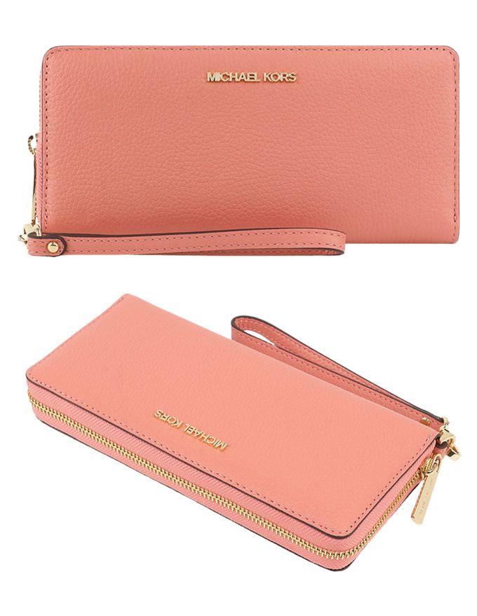 MICHAEL KORS - 鵝卵石紋皮革拉鍊長夾 (粉桔)