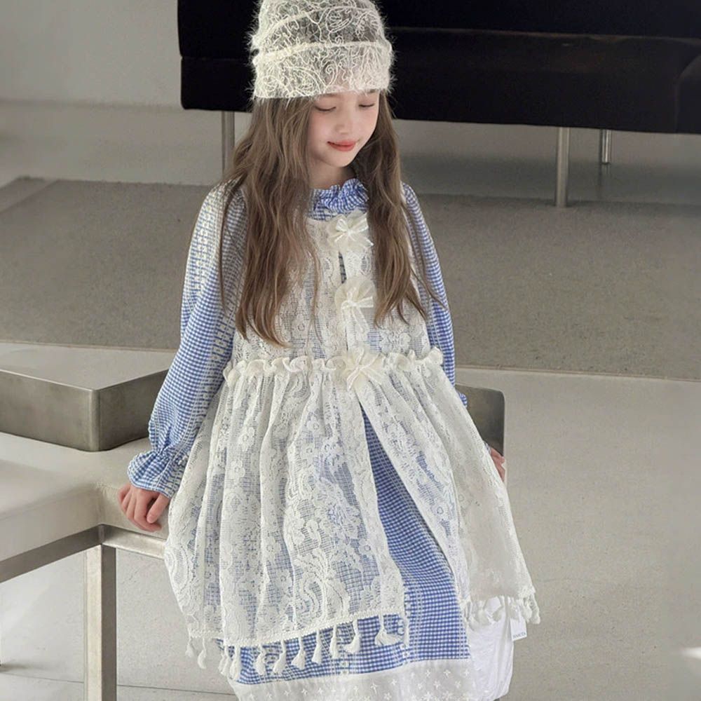 蕾絲罩衫+長袖洋裝兩件式套裝-藍色