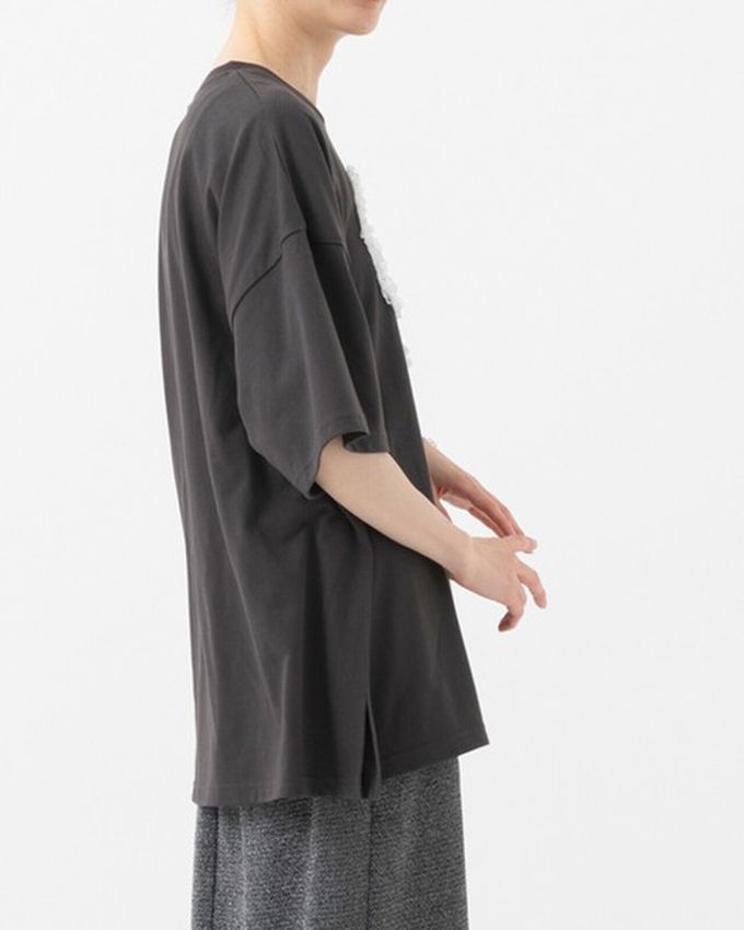 日本 gleam - 厭世貓咪愛心蕾絲寬大風短袖T恤-藍貓-炭黑