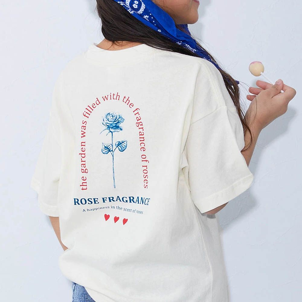 100%棉 定番可愛女孩印花短袖上衣-玫瑰-白