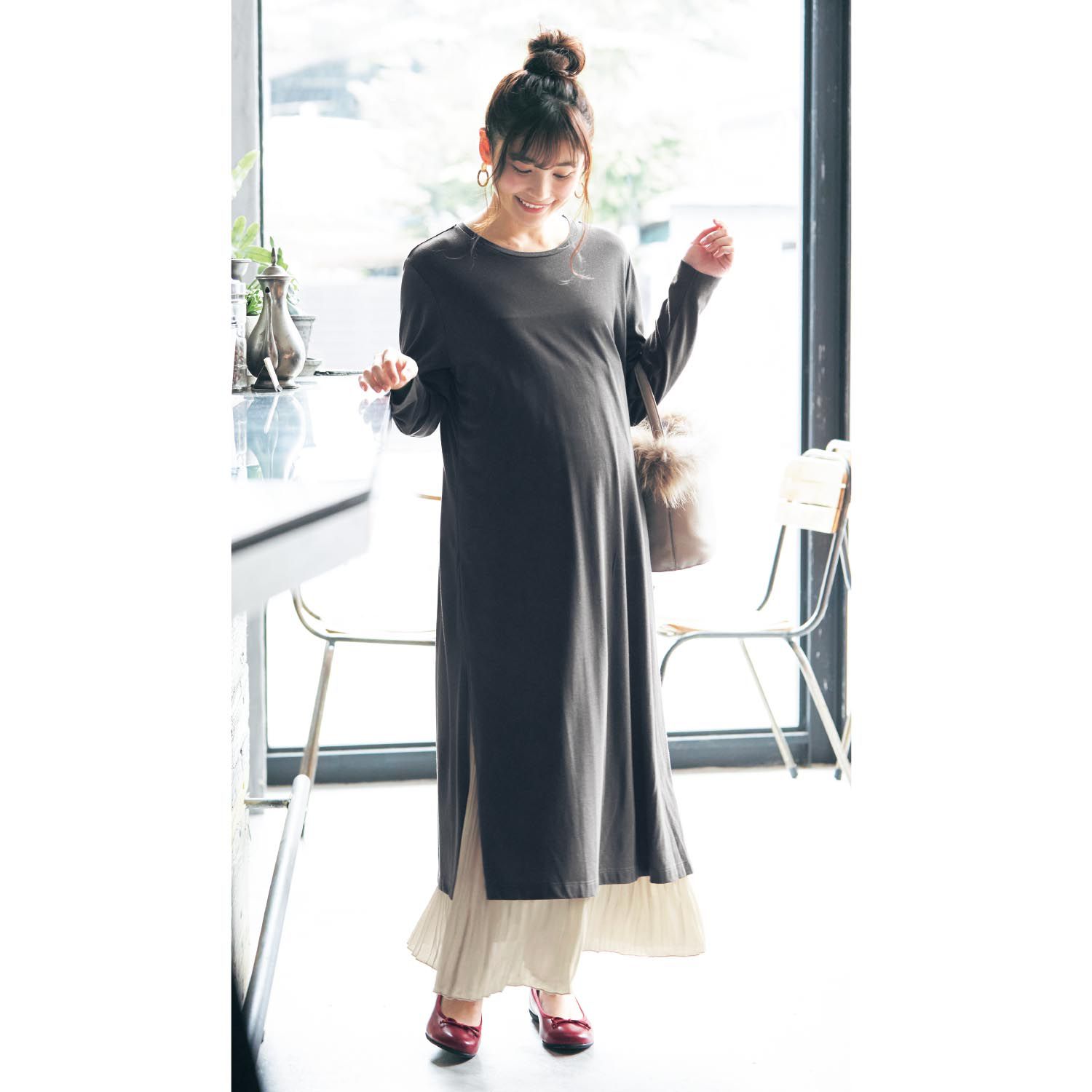 日本千趣會 - 孕婦百褶長裙-米杏