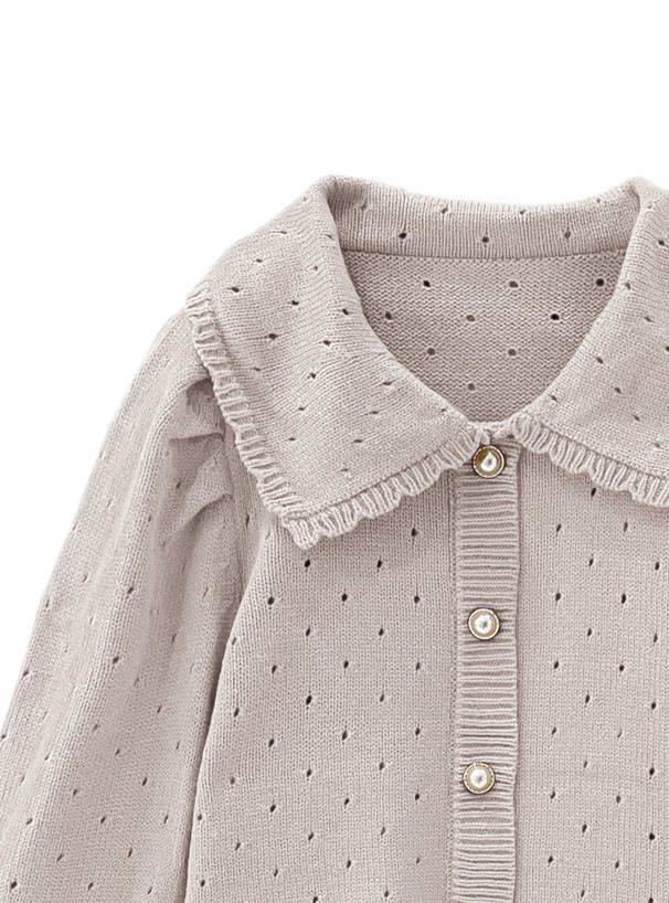 日本 GRL - 浪漫花朵領珍珠釦針織上衣-知性黑