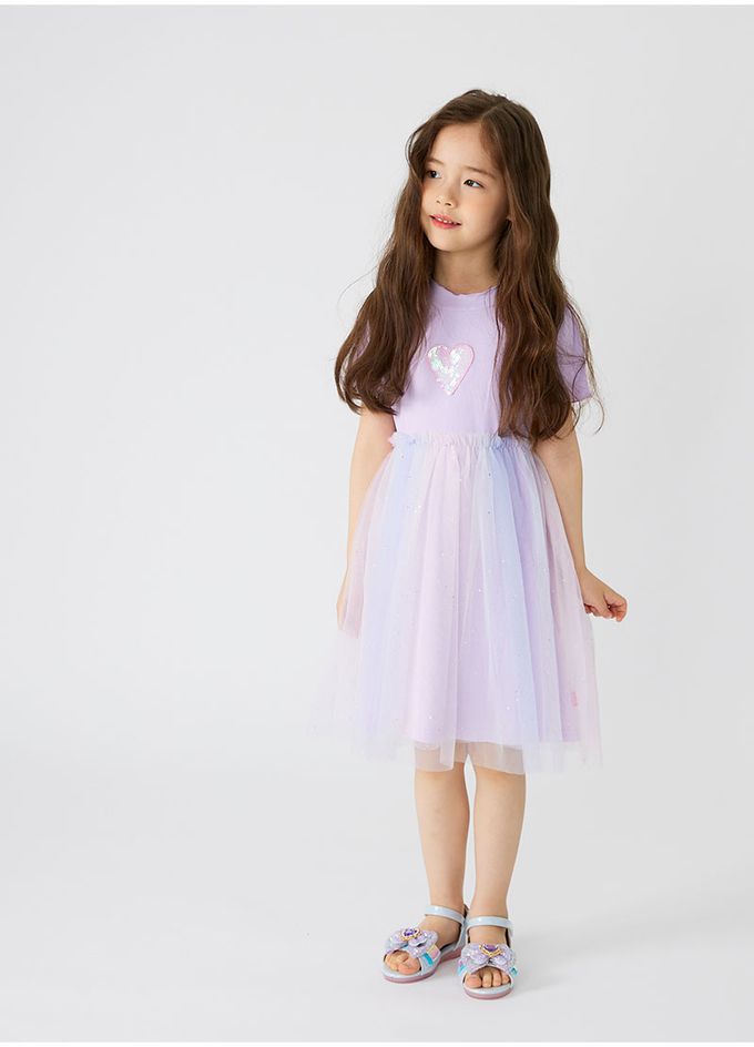 韓國 OZKIZ - 心型亮片夢幻網紗拼接洋裝-薰衣草紫