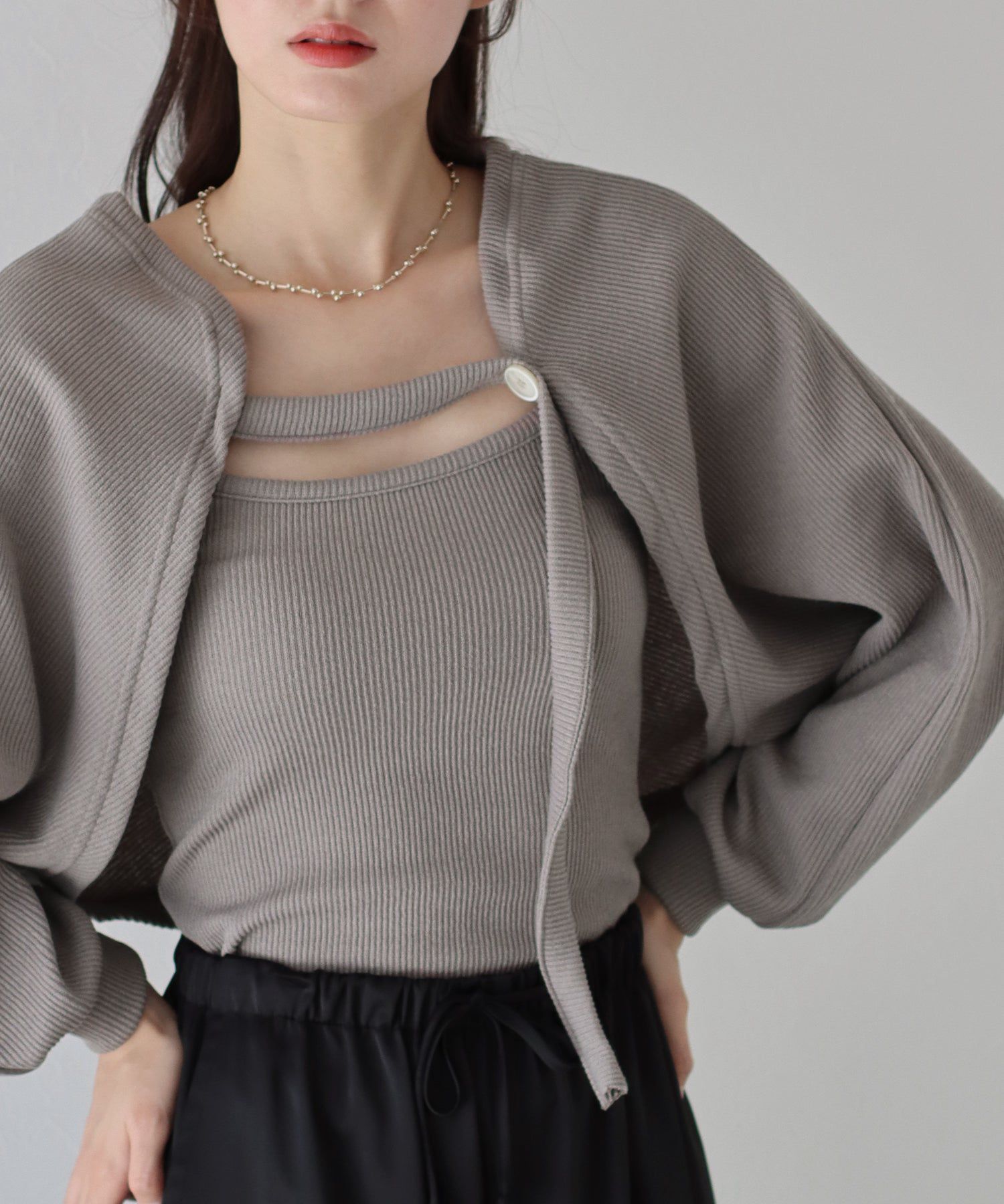 日本 BLUE EAST - 羅紋針織內搭x短版外套兩件組-黑