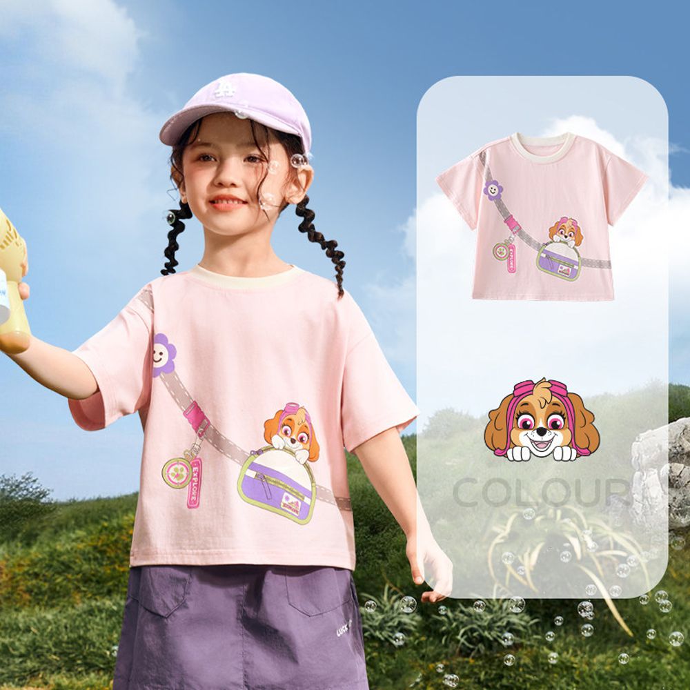 卡通汪汪隊包包印花短袖上衣-粉色